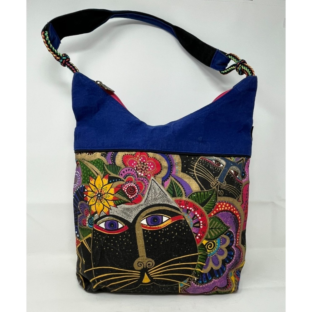 Laurel‎ Burch Tote Bag Purse Zippered Closure Cat Scoop Top Blue